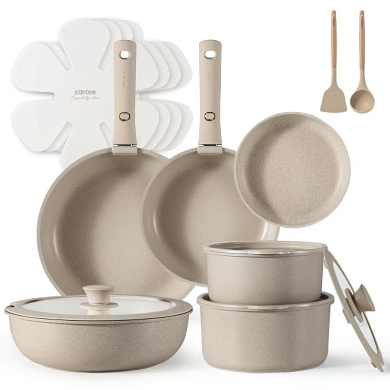 CAROTE 18pcs Detachable Handle Nonstick Cookware Set, Blue/Green/Black/Taupe/White, Pots and Pans, Oven safe Frying Pan, Dishwasher Safe