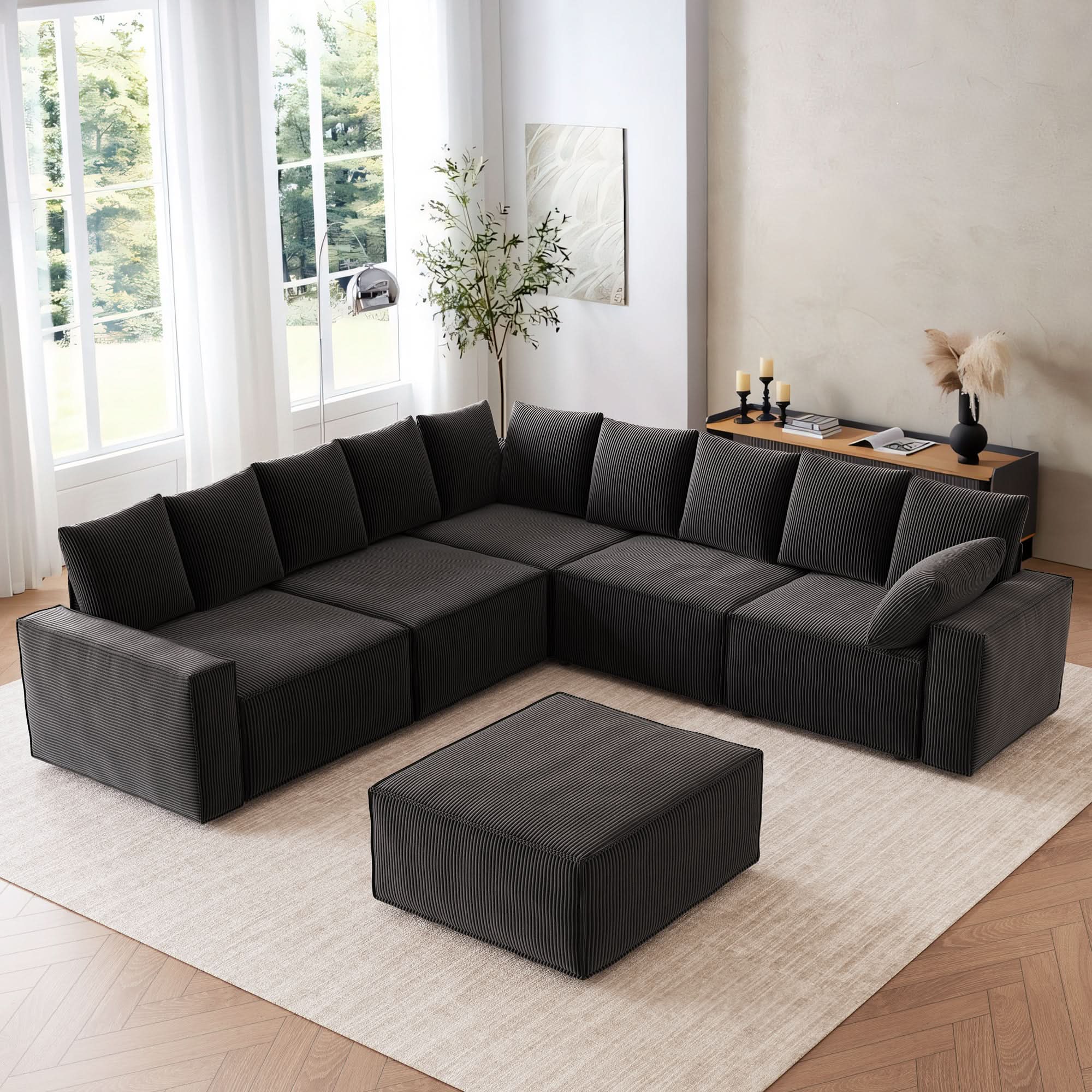 Ovios Living Room Modular Couch 6-Pieces Set, Wide Armrests