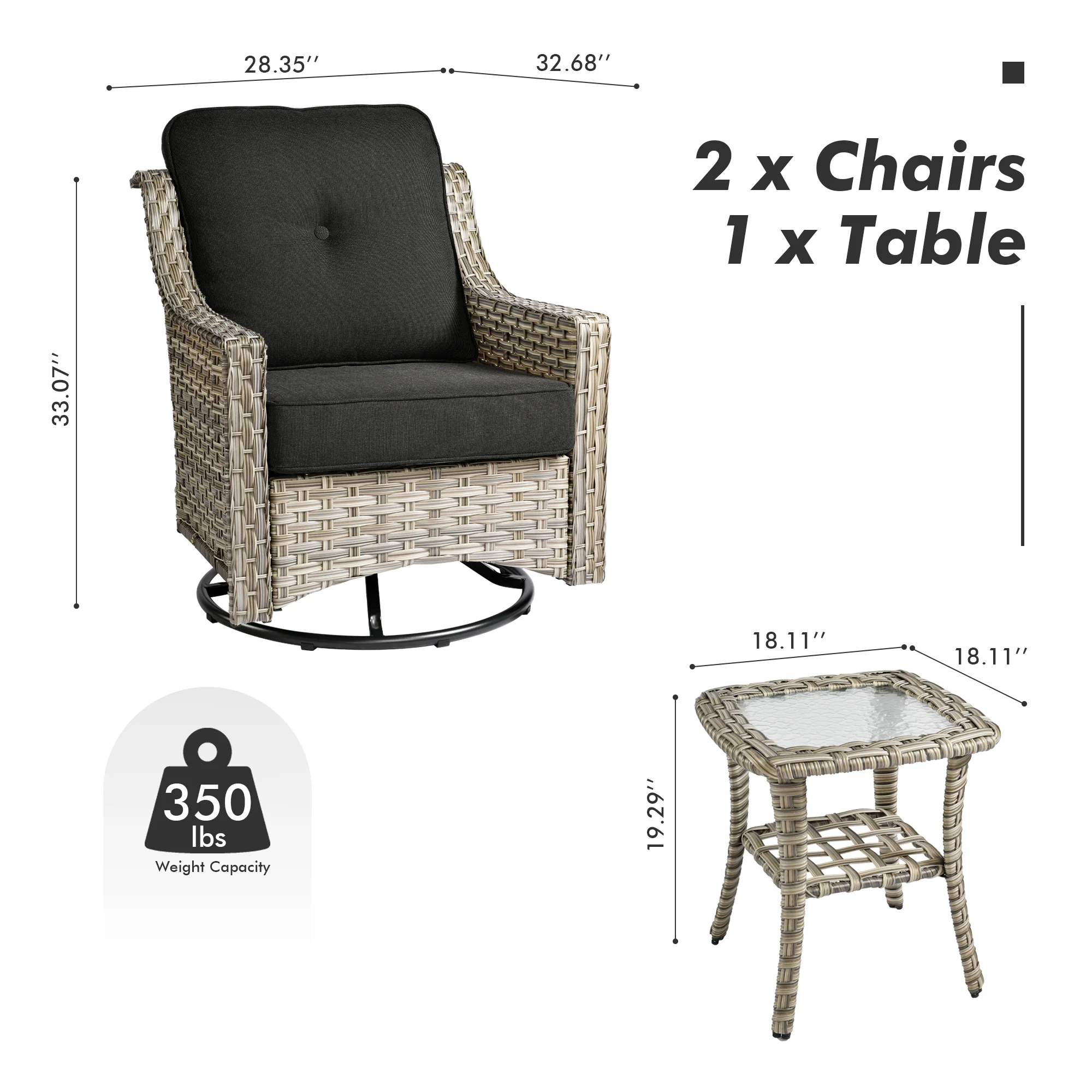 Ovios Conversation Set 3-Piece PAD Series,Swivel Chair