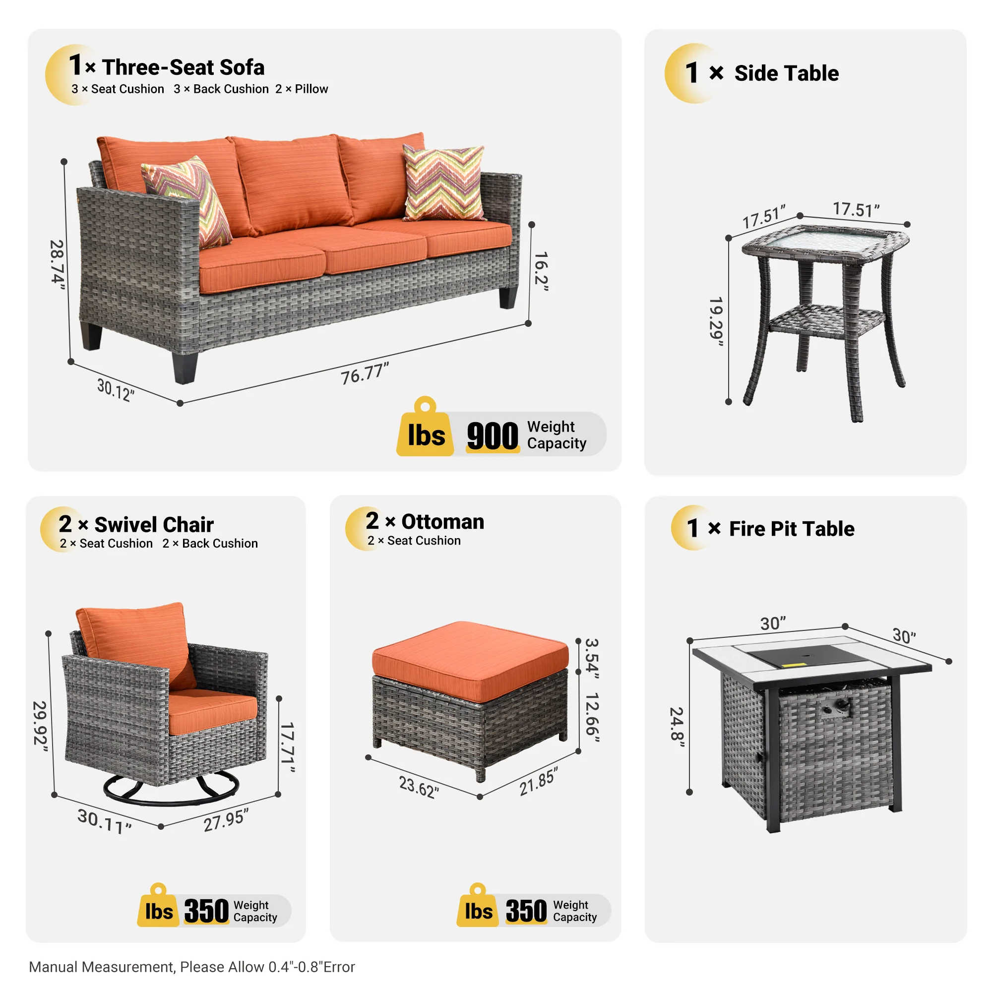 Ovios Patio Vultros 7-Piece Set With Swivel Chair and Rectangle 42'' Propane Fire Pit Table