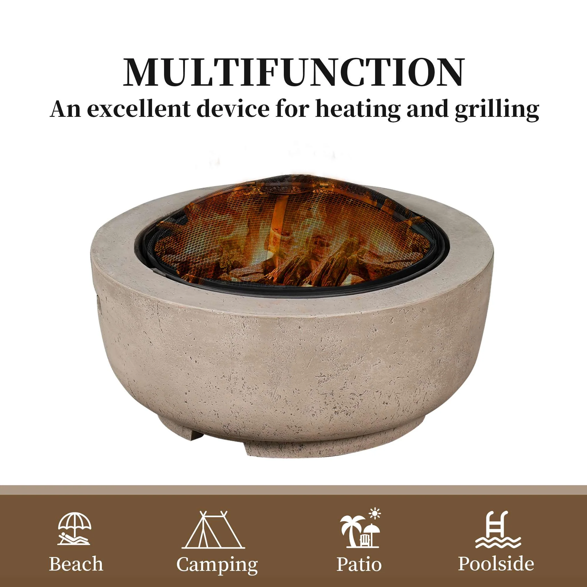 Ovios 23.62'' Round Magnesium Oxide Wood Burning Fire Pit