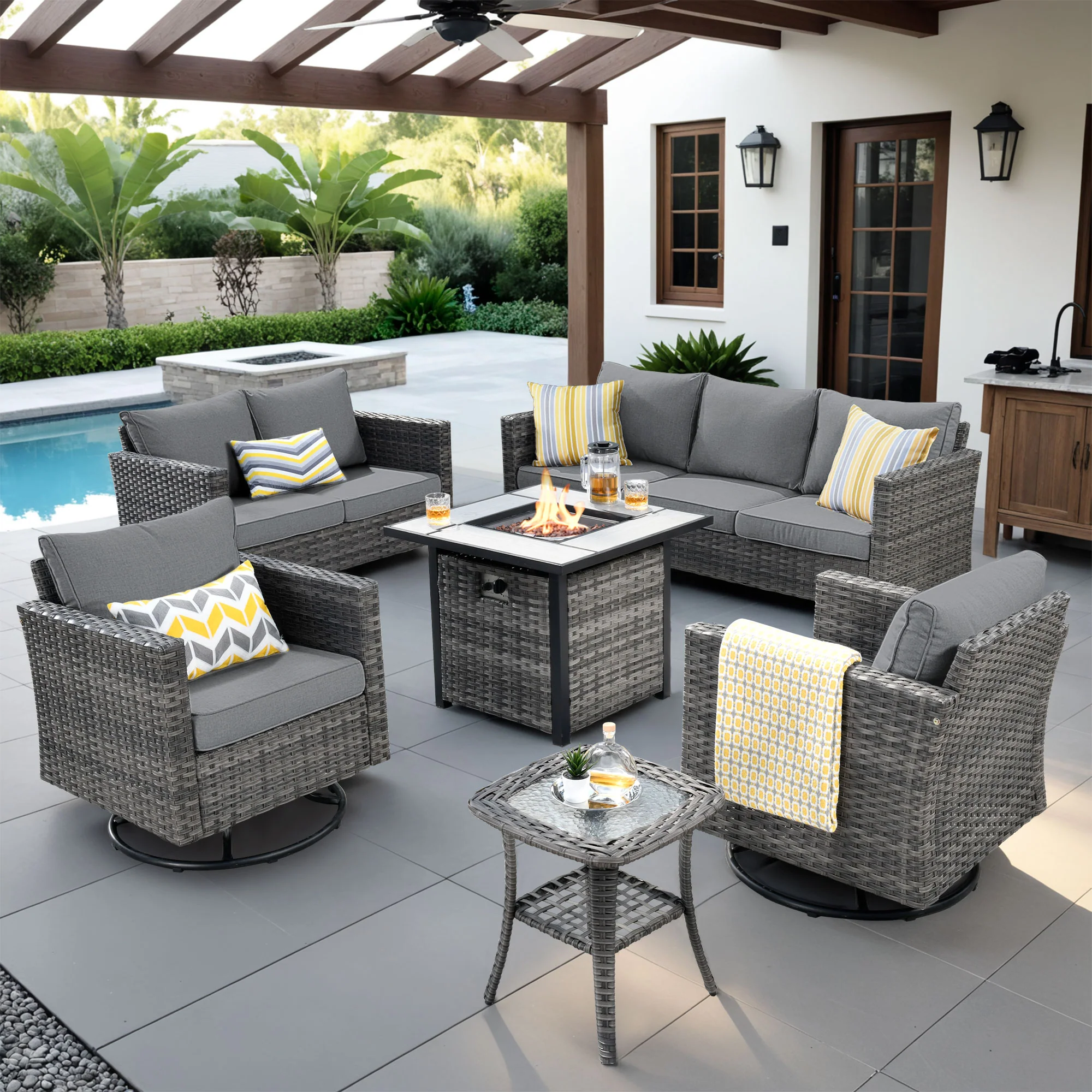 Ovios Patio Vultros 6-Piece Set With Swivel Chair Lover seat and 30'' Propane Fire Pit Table