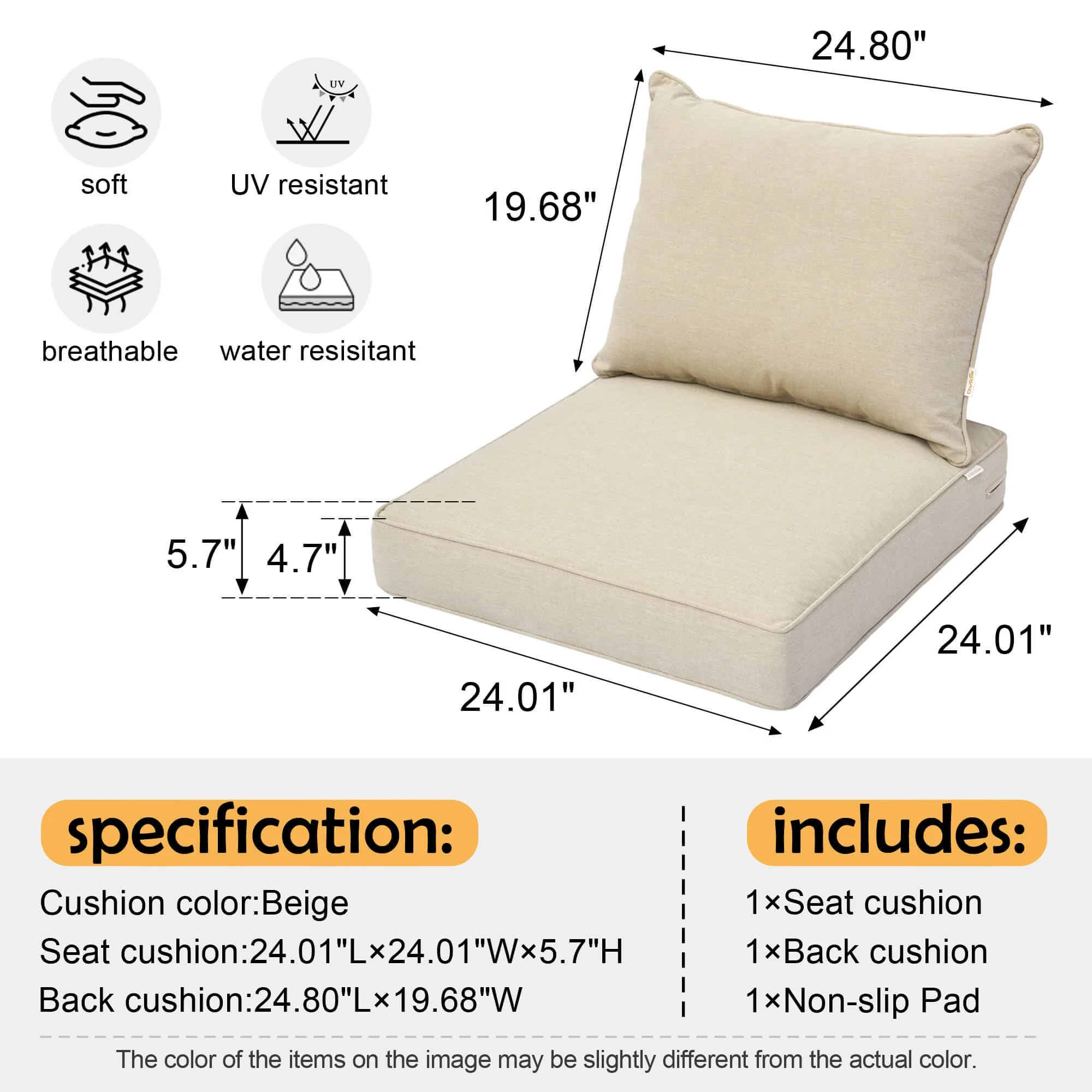 Ovios Replacement Seat Back Cushions Set with Olefin Fabric and Zipper, 24'' x 24'', Not Suitable for Ovios Patio Furniture