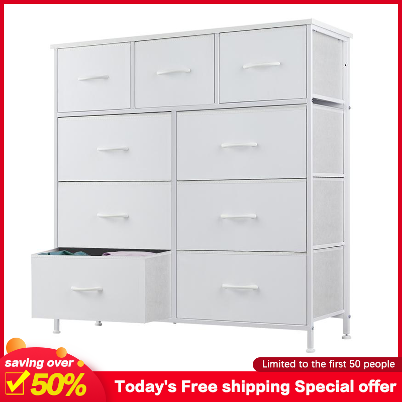 Fabric Storage Tower with 9 Drawers, Bedroom Drawer Dresser Organizer, Chest of Drawers with Fabric Bins, Steel Frame and Wood Top