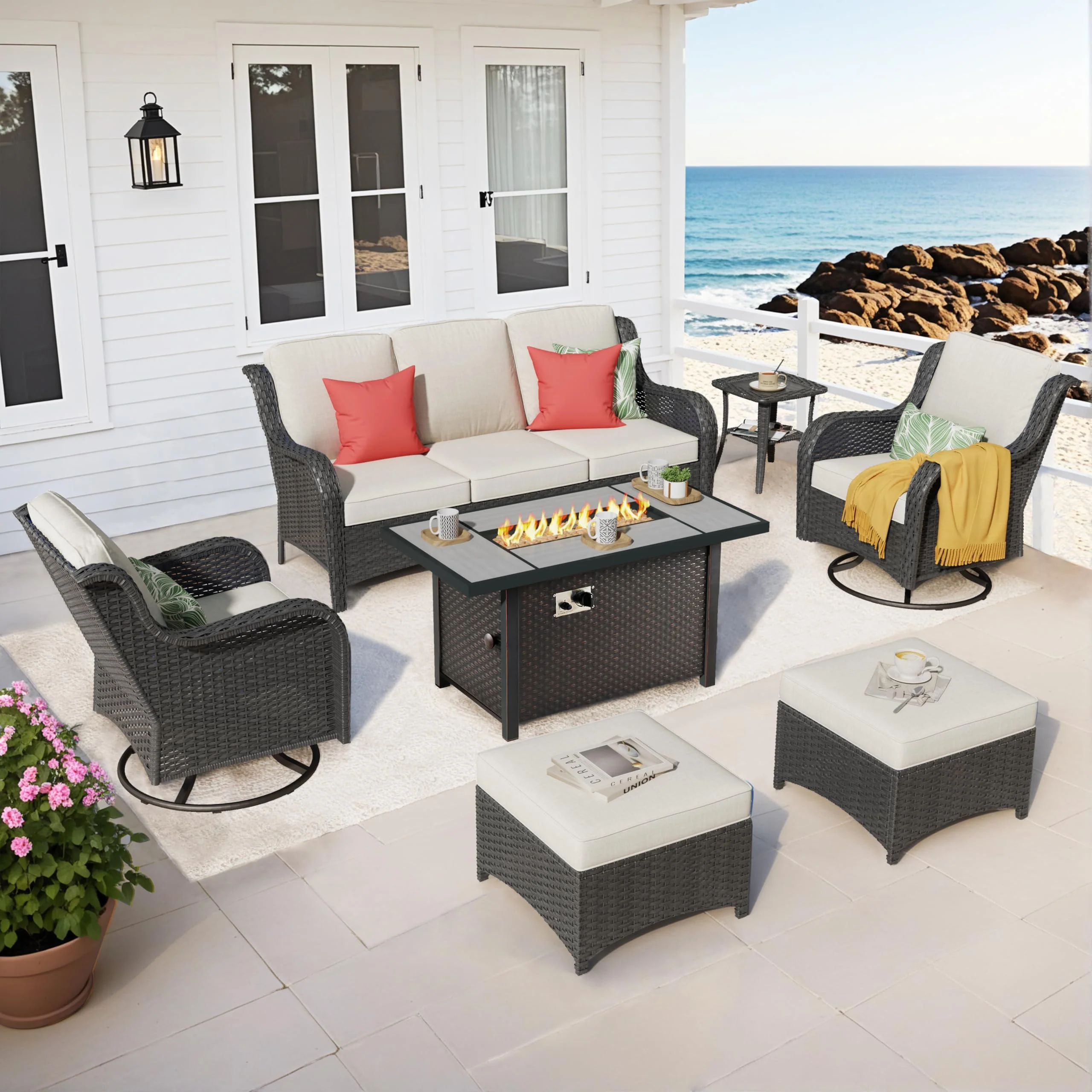 Ovios Outdoor Furniture 7-Piece with 42'' Fire Pit Table and Kenard 2 Rocking Chairs
