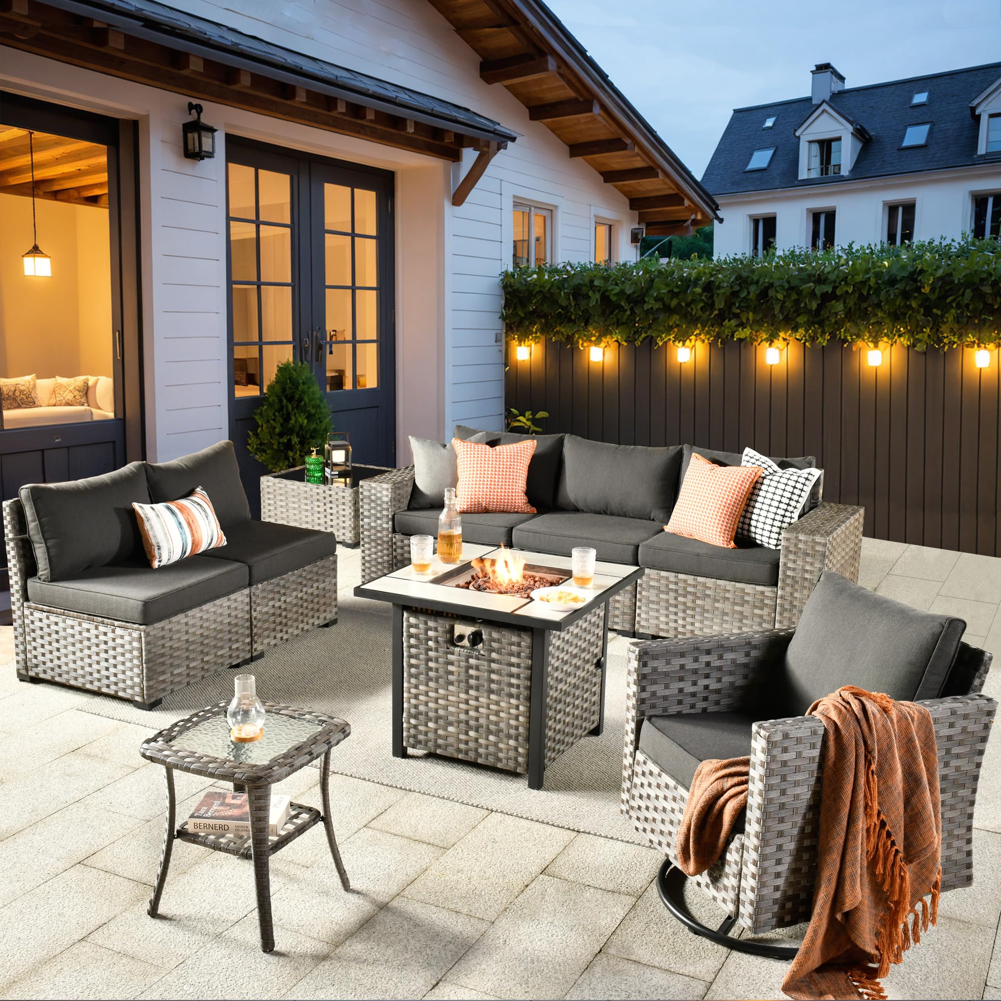 Ovios 9 Pieces Patio Furniture Set, Outdoor Sectional Sofa with Swivel Rocking Chair, 30