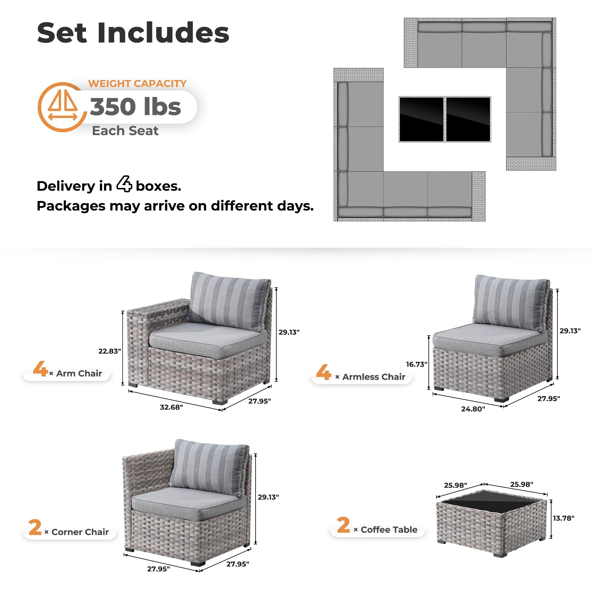 Ovios 12 Pieces Patio Conversation Set with 7.68'' Broad Handrails