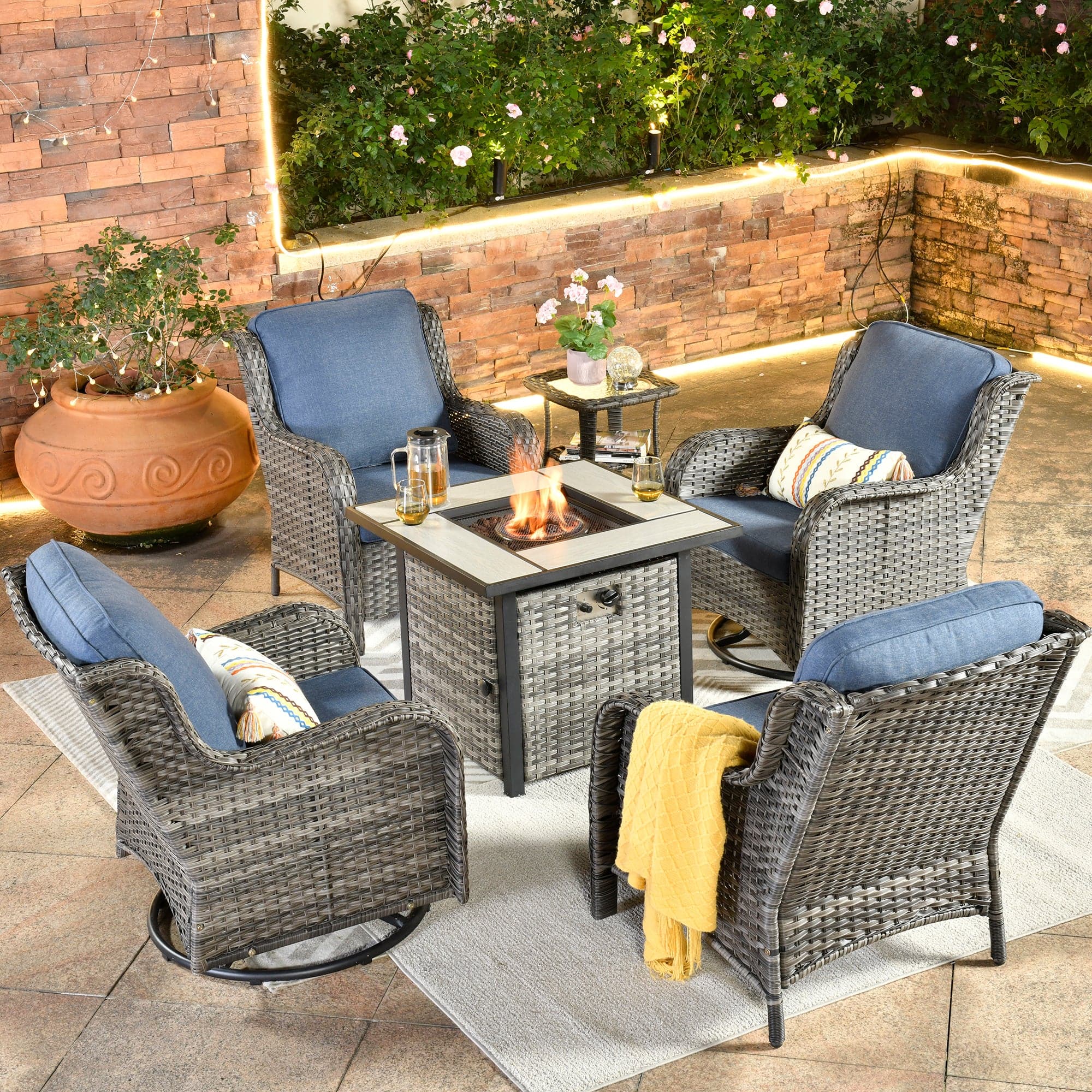 Ovios Outdoor Furniture 6-Piece with 30'' Fire Pit Table and Kenard 2 Rocking Chairs