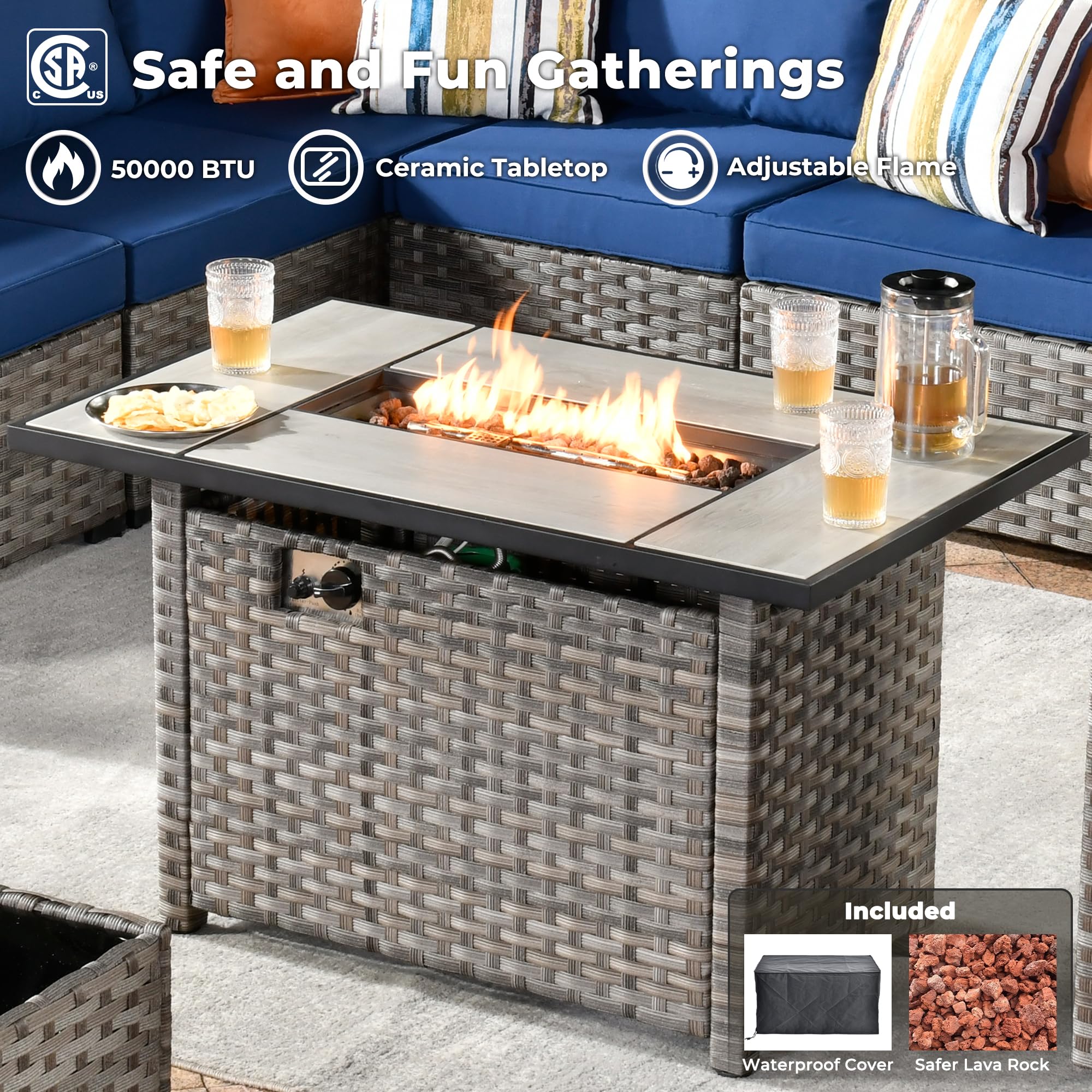 Ovios 13 Pieces Outdoor Furniture with 7.68'' Broad Handrails and Rectangle 42.12'' Fire Pit Table