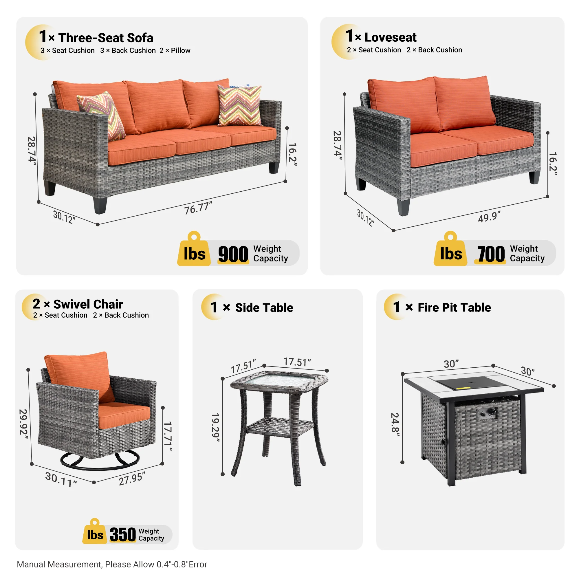 Ovios Patio Vultros 6-Piece Set With Swivel Chair Lover seat and 30'' Propane Fire Pit Table