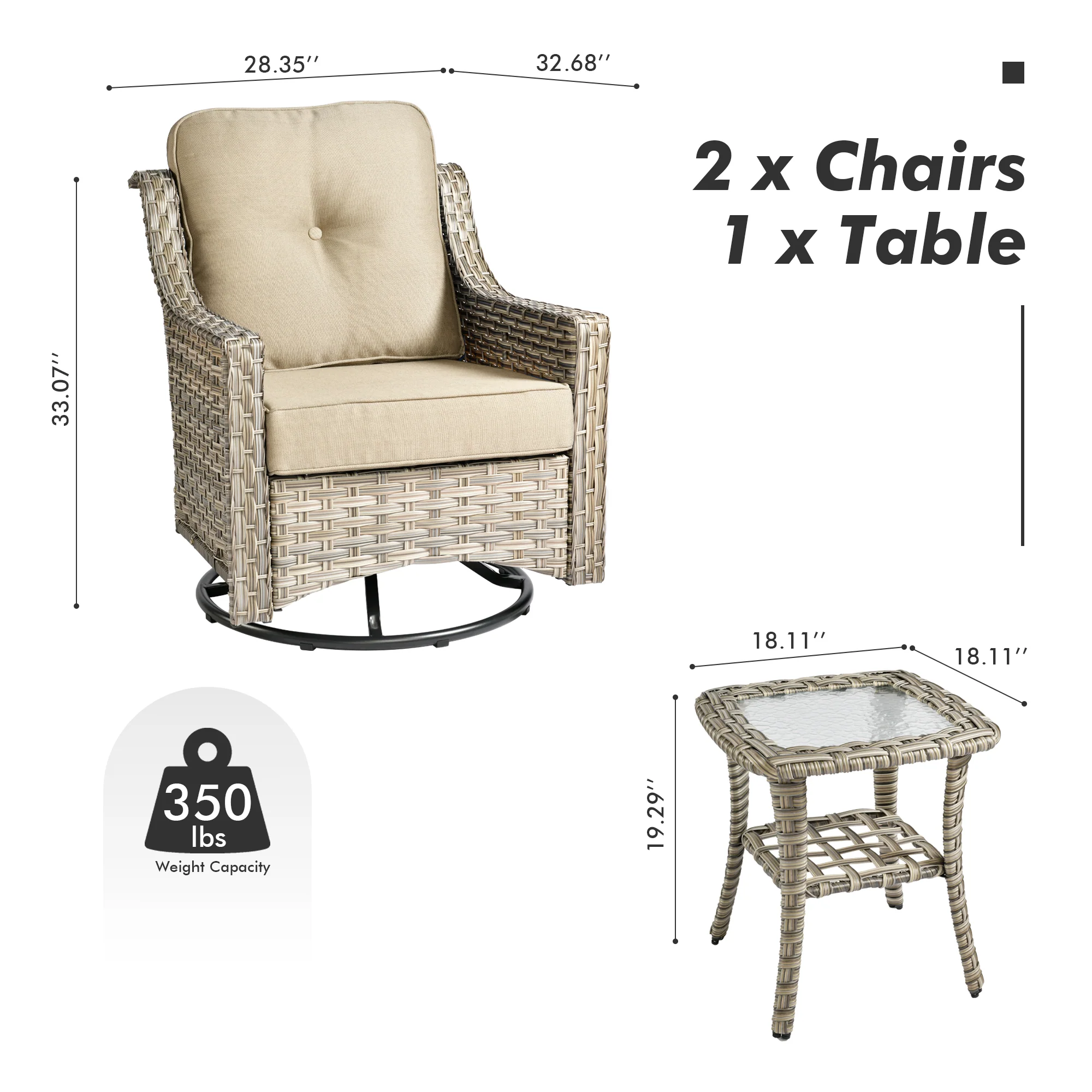 Ovios Conversation Set 3-Piece PAD Series,Swivel Chair