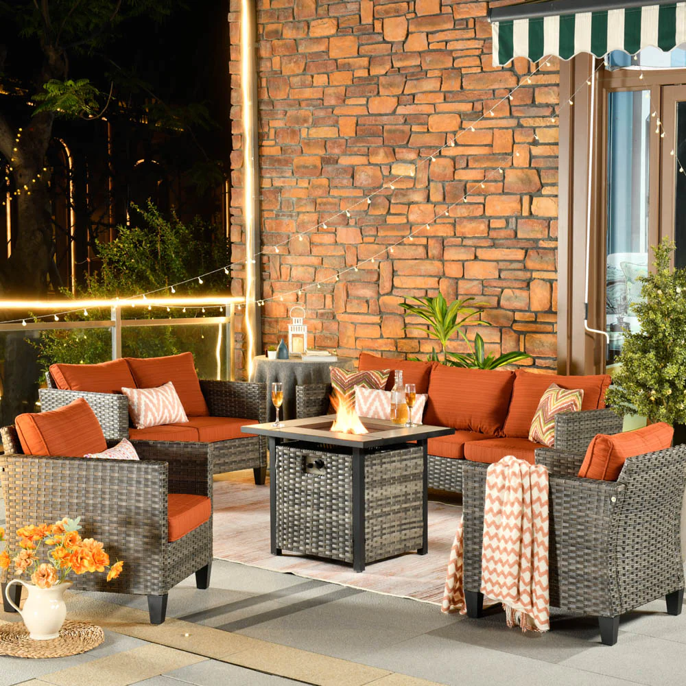 Ovios Patio Vultros Furniture Set 7-Person Seating with 30'' Propane Fire Pit Table