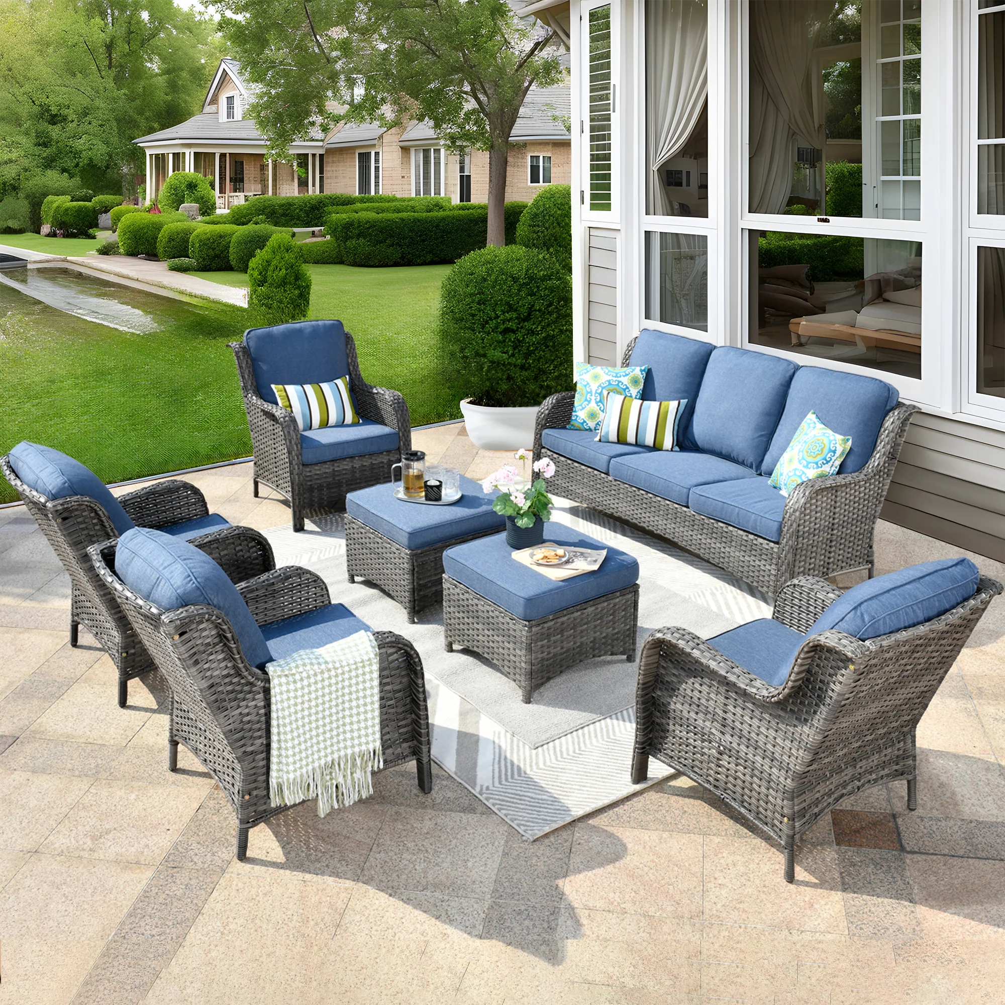 Ovios Patio Furniture Set 7-Piece With Cushions Kenard Curved Handrest