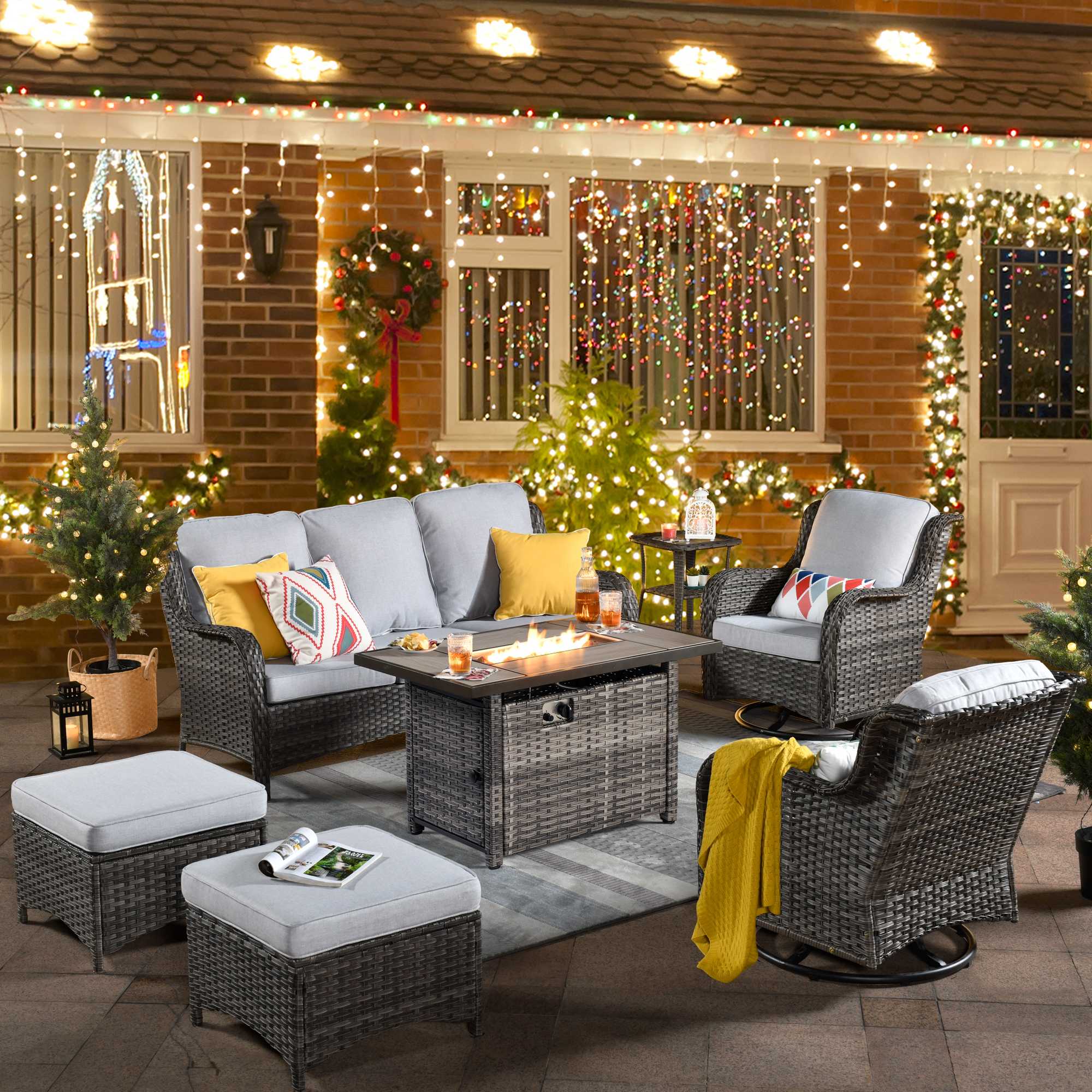Ovios Patio 7-Piece Conversation Set with 42'' Rectangle Propane Fire Pit Table and Rocking Chairs Kenard
