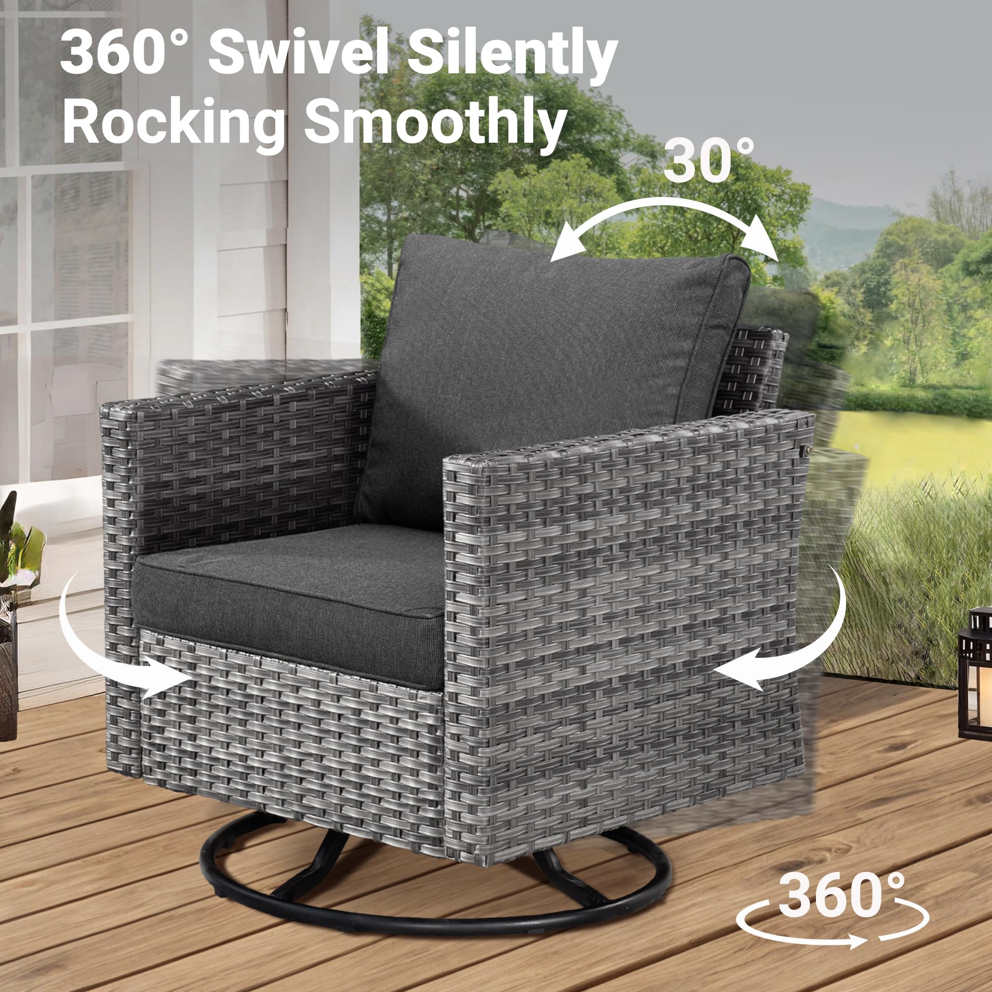 Ovios Patio Furniture 3-Piece Set with Swivel Chairs and Table Square Shape Armrest
