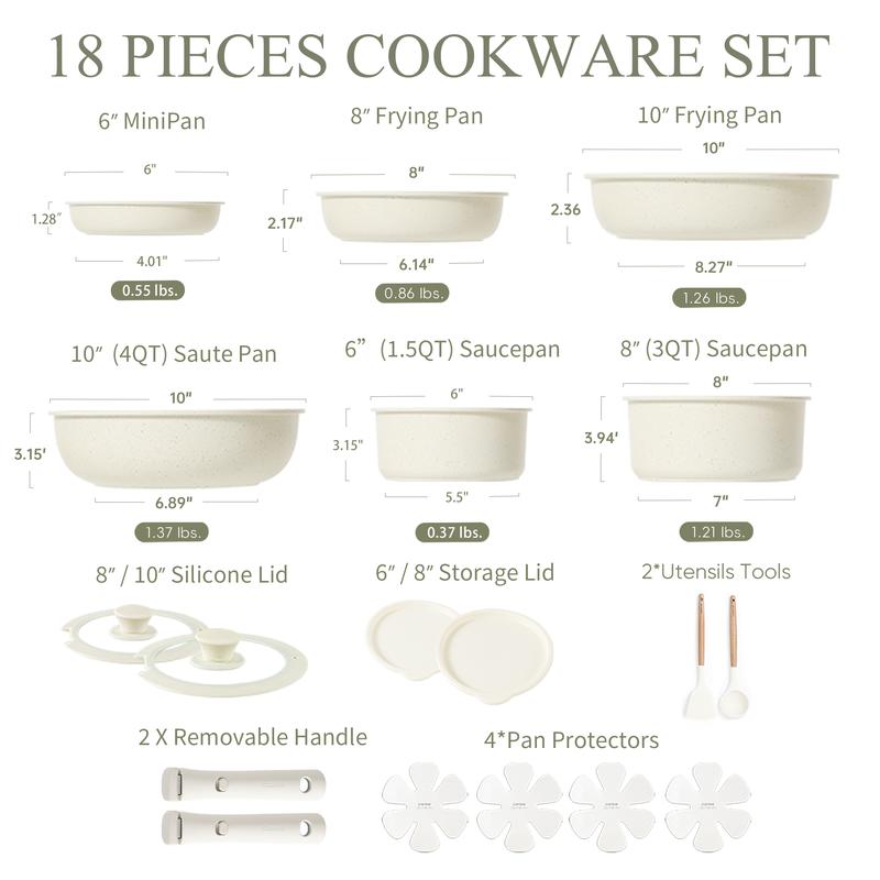 CAROTE 18pcs Detachable Handle Nonstick Cookware Set, Blue/Green/Black/Taupe/White, Pots and Pans, Oven safe Frying Pan, Dishwasher Safe