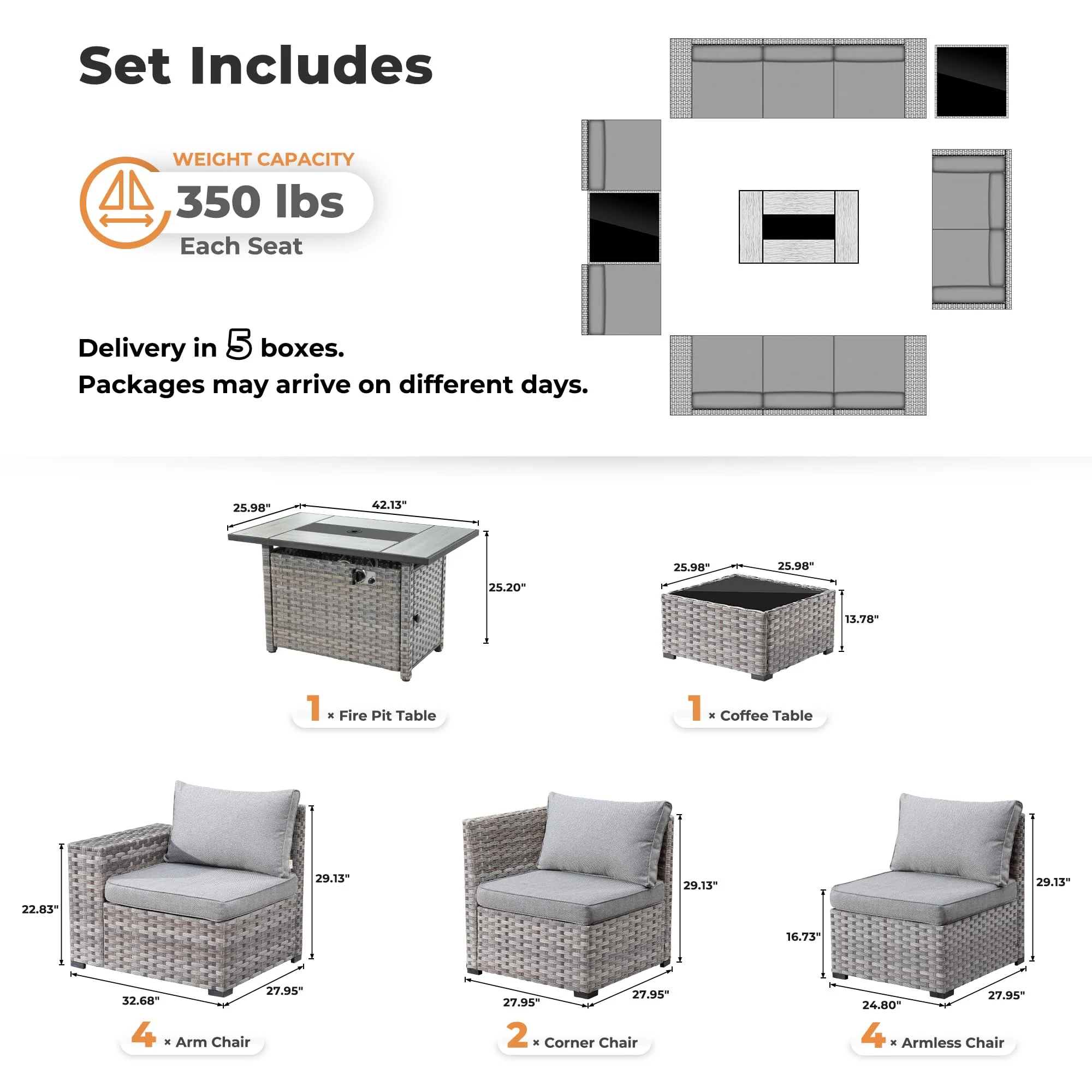 Ovios 13 Pieces Outdoor Furniture with 7.68'' Broad Handrails and Rectangle 42.12'' Fire Pit Table