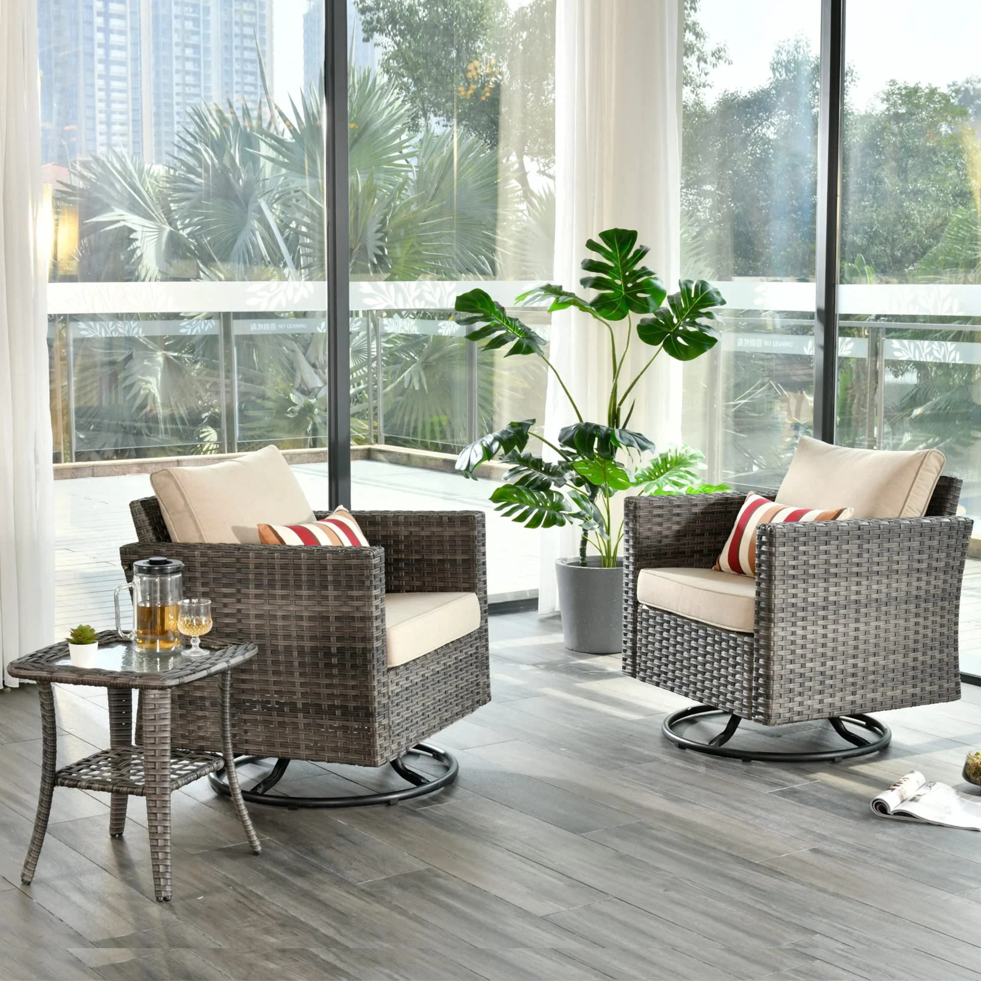 Ovios Patio Furniture 3-Piece Set with Swivel Chairs and Table Square Shape Armrest