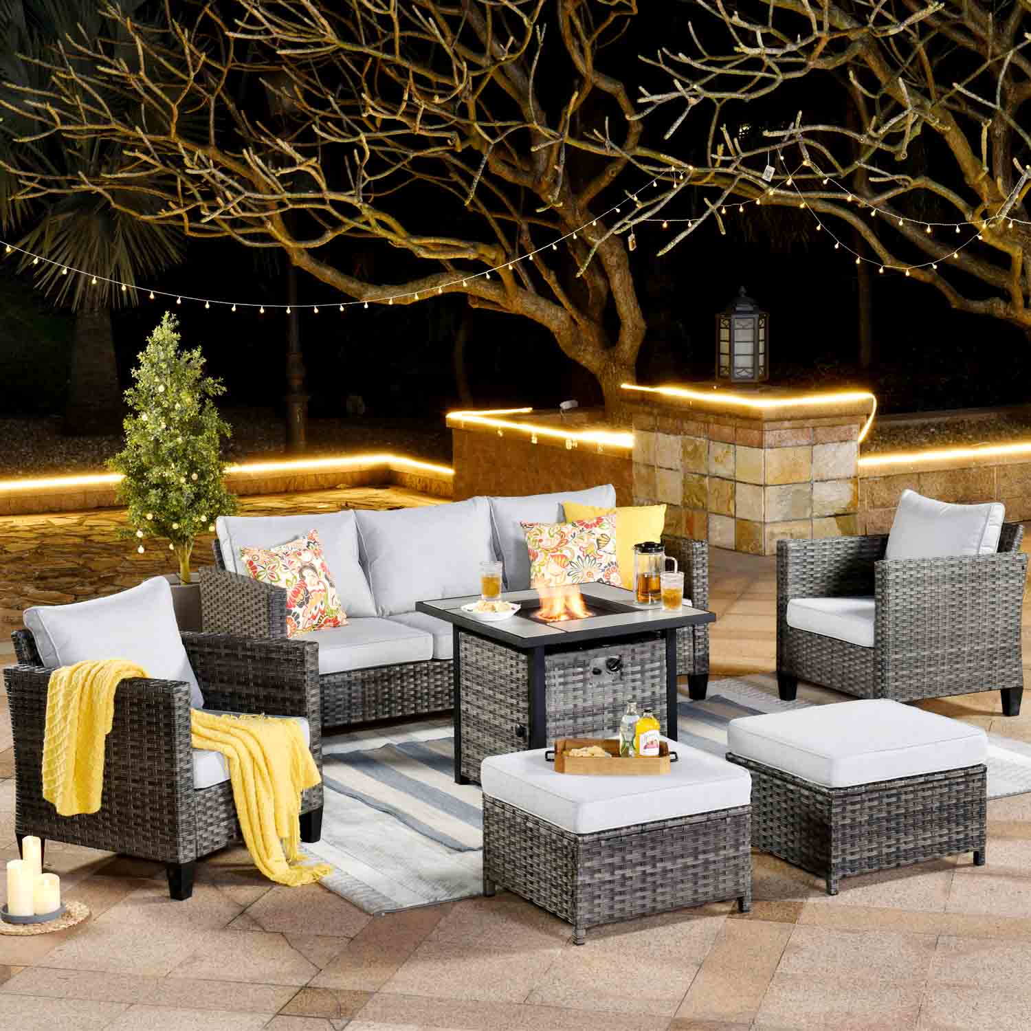 Ovios Patio Conversation Set 6-Piece with 30'' Fire Pit Table and Vultros Set