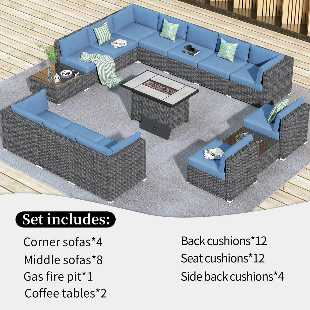 Ovios Patio Furniture Set 15-Piece with 42.12'' Fire Pit and Glass Table