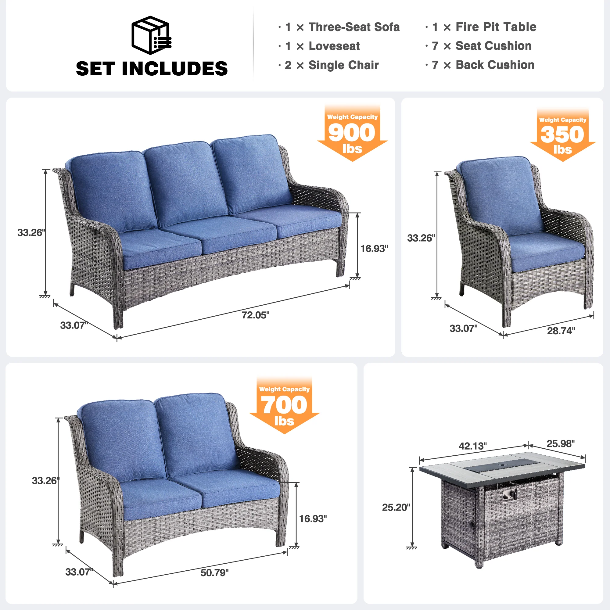 Ovios Patio Kenard 5-Piece Conversation Set with 42'' Fire Pit Table and Loveseat