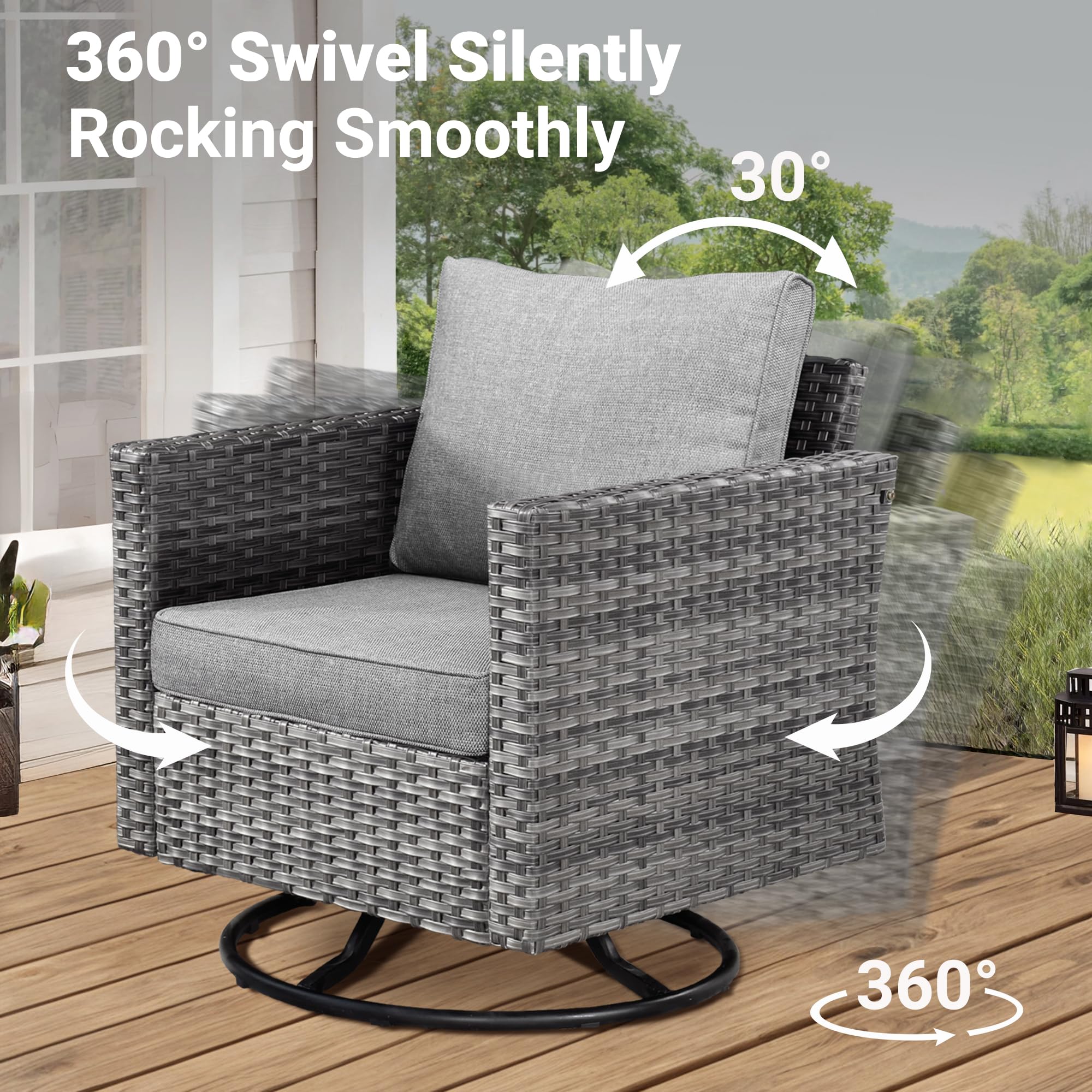Ovios Patio Furniture 3-Piece Set with Swivel Chairs and Table Square Shape Armrest