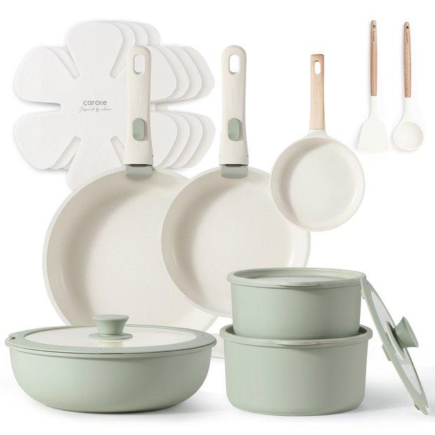 CAROTE 18pcs Detachable Handle Nonstick Cookware Set, Blue/Green/Black/Taupe/White, Pots and Pans, Oven safe Frying Pan, Dishwasher Safe
