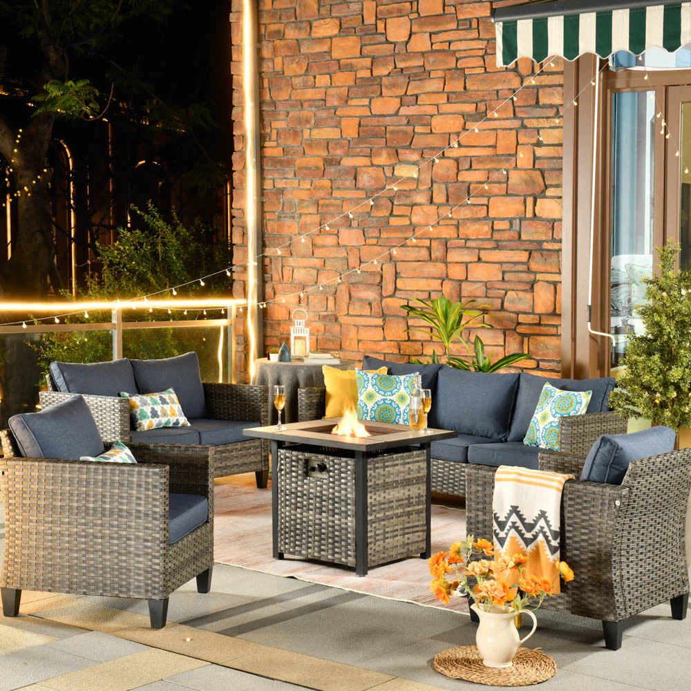 Ovios Patio Vultros Furniture Set 7-Person Seating with 30'' Propane Fire Pit Table