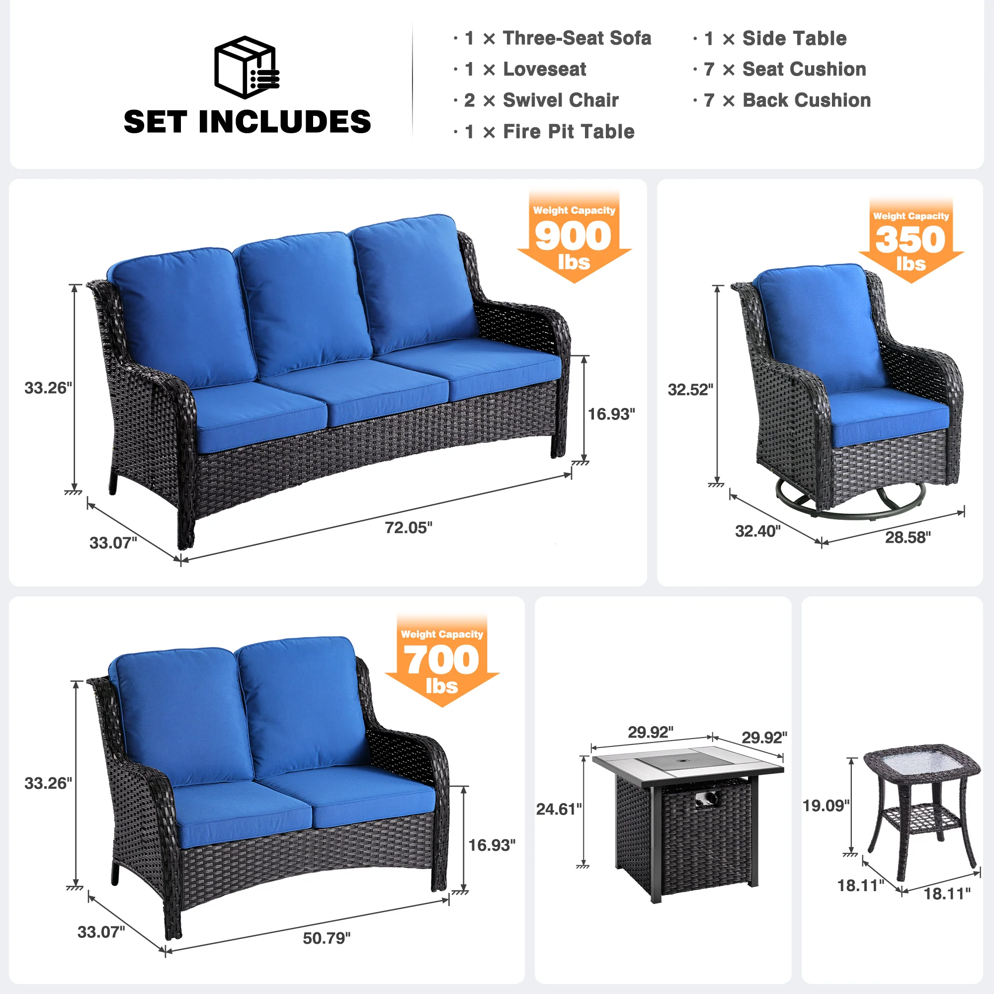 Ovios Patio Kenard 6-Piece Conversation Set with 42'' Rectangle Propane Fire Pit Table and Rocking Chairs