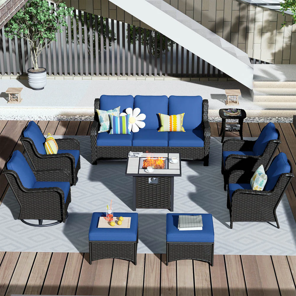 Ovios Outdoor Furniture 9-Piece with 30'' Fire Pit Table and Kenard 2 Rocking Chairs