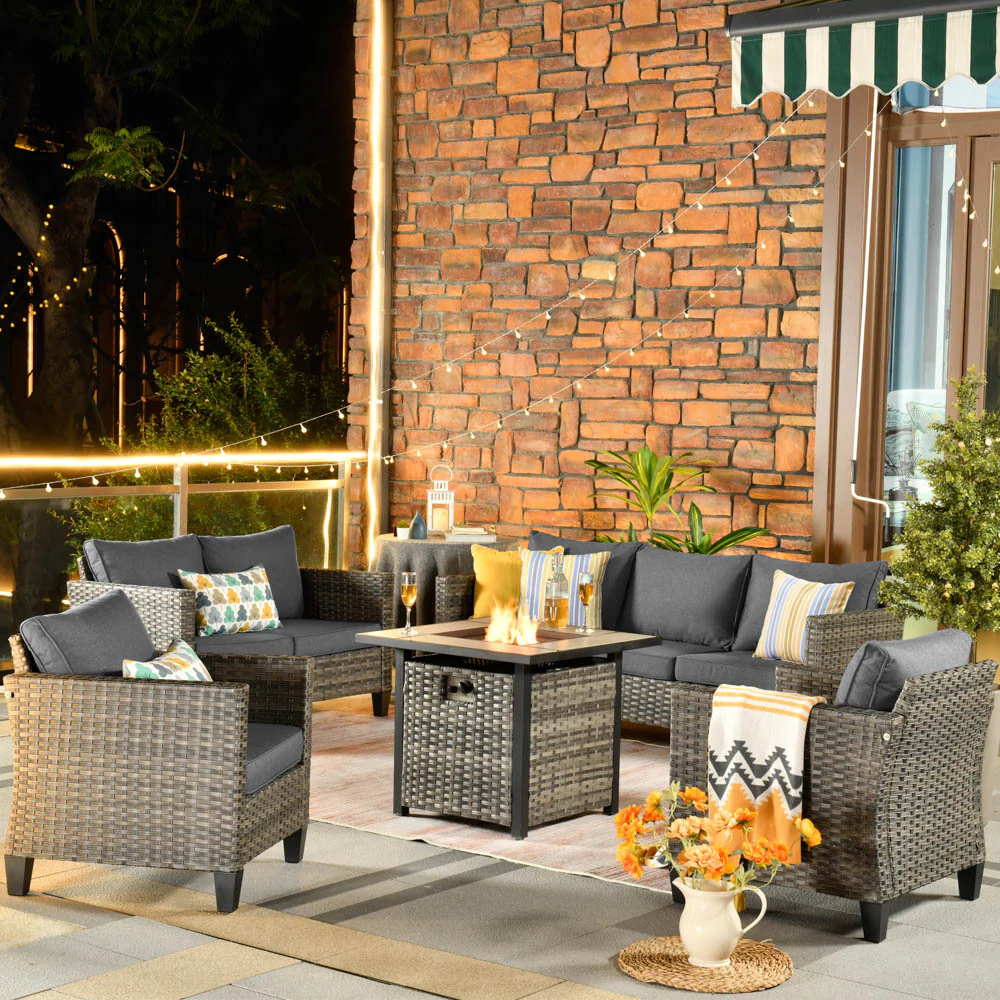 Ovios Patio Vultros Furniture Set 7-Person Seating with 30'' Propane Fire Pit Table