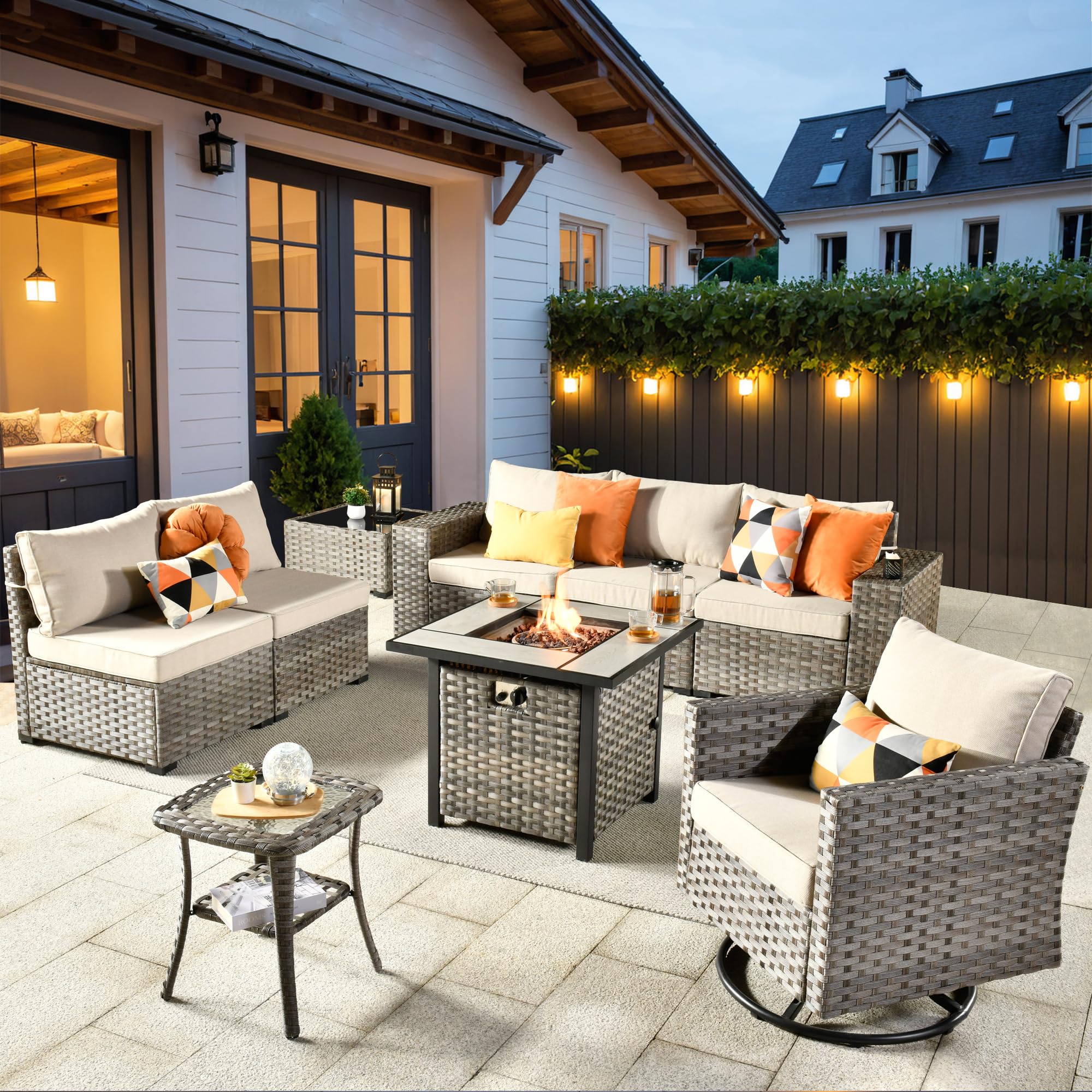 Ovios 9 Pieces Patio Furniture Set, Outdoor Sectional Sofa with Swivel Rocking Chair, 30