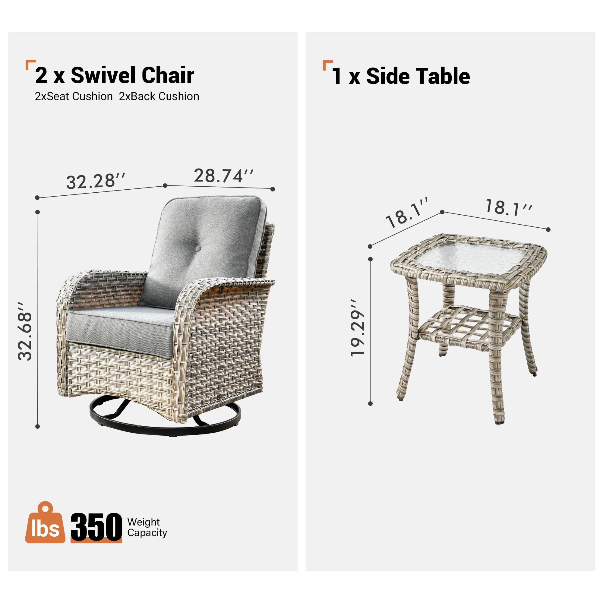 Ovios VNC Series Patio Swivel Chair 3-Piece Set