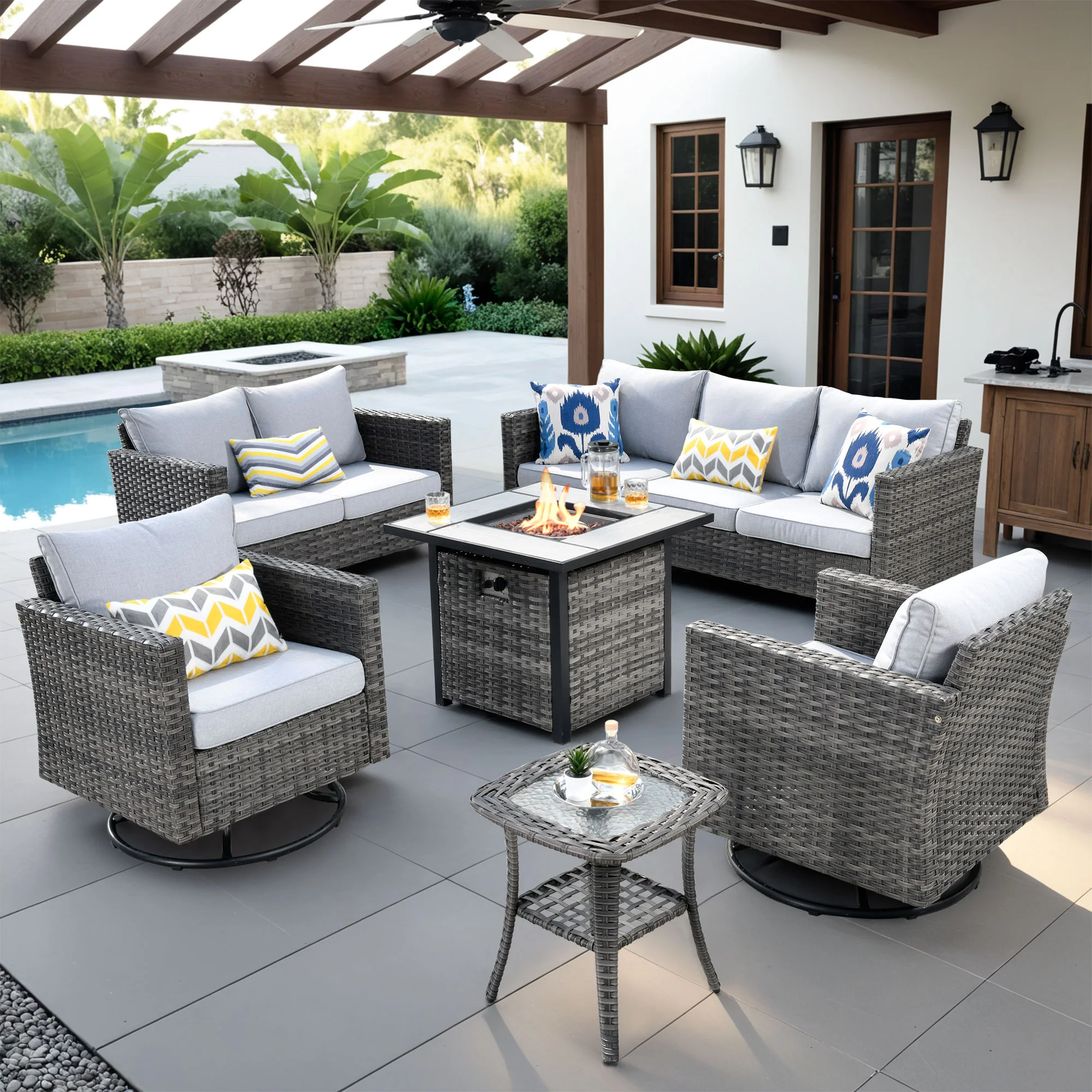 Ovios Patio Vultros 6-Piece Set With Swivel Chair Lover seat and 30'' Propane Fire Pit Table