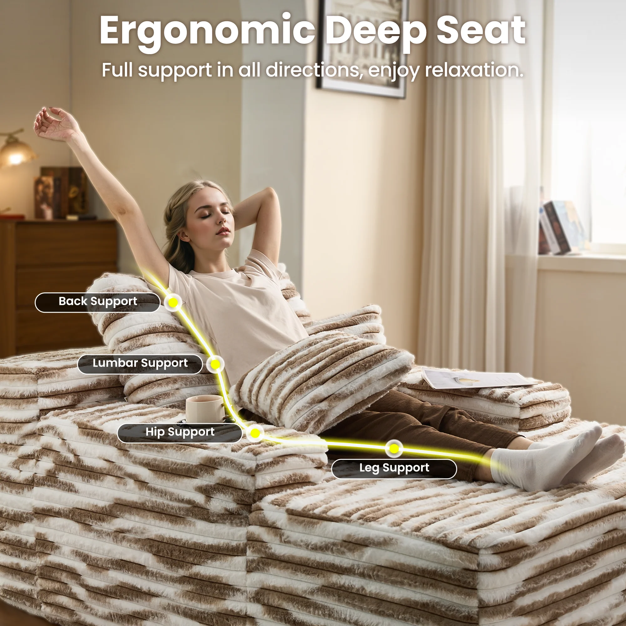 Ovios Boneless Chaise Lounge,Luxurious Faux Fur, No Assembly Required