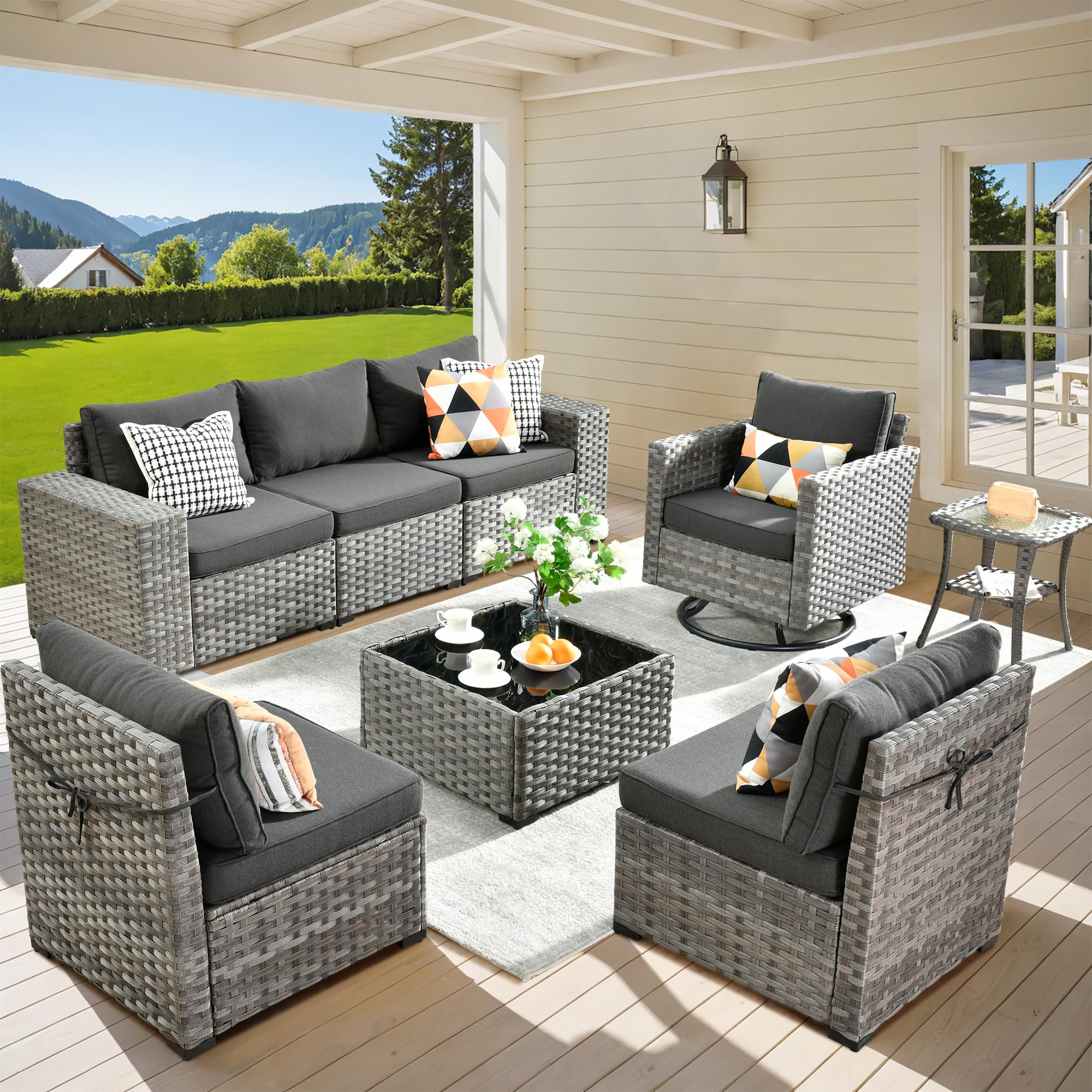 Ovios 8 Pieces Patio Furniture Set, Outdoor Sectional Sofa with Swivel Rocking Chair
