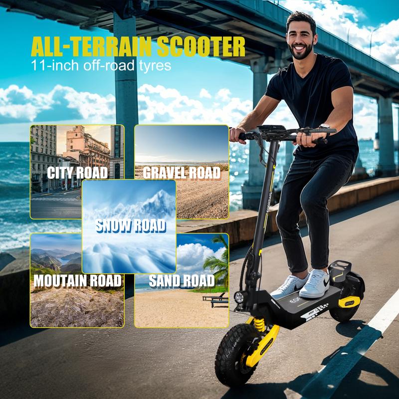 25/40 miles long distance, maximum speed of 28 MPH, 1200W electric scooter foldable, 11-inch off-road tires, turn signal lights, double suspension and double brakes