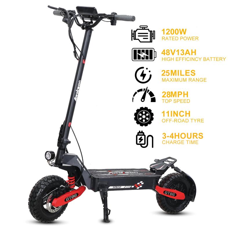 25/40 miles long distance, maximum speed of 28 MPH, 1200W electric scooter foldable, 11-inch off-road tires, turn signal lights, double suspension and double brakes