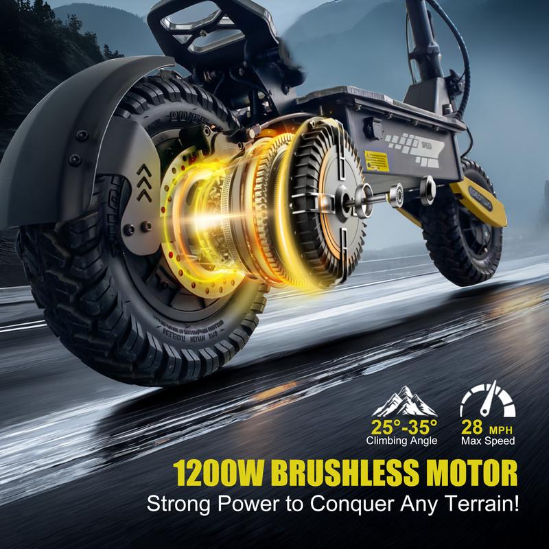 25/40 miles long distance, maximum speed of 28 MPH, 1200W electric scooter foldable, 11-inch off-road tires, turn signal lights, double suspension and double brakes