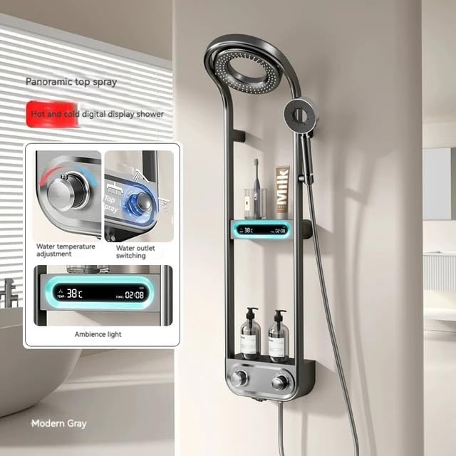 RUVEL Shower Panel - Spiral with Hydropowered LED Light, Digital Display & 3 Water Functions